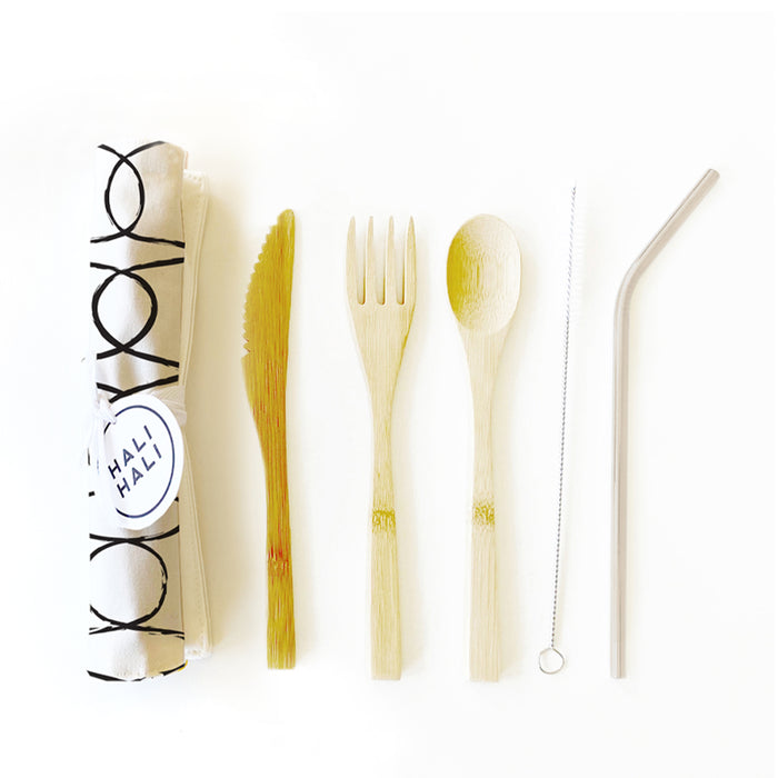 Eco Friendly 6 pc Reusable Cutlery Set - Twisted B&W